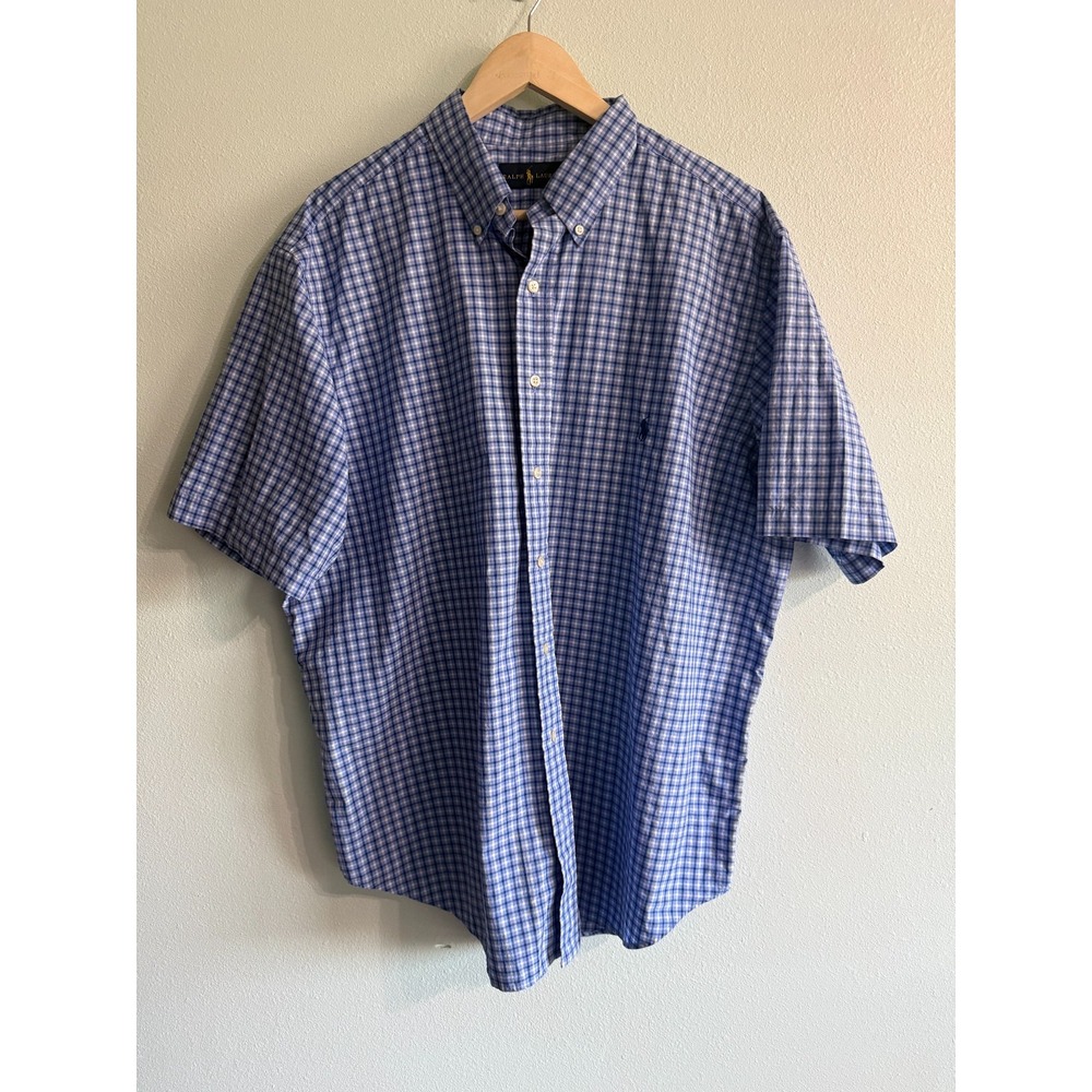 Ralph Lauren Short Sleeve Button Down Sport Shirt Mens 1XB Blue White Plaid Pony